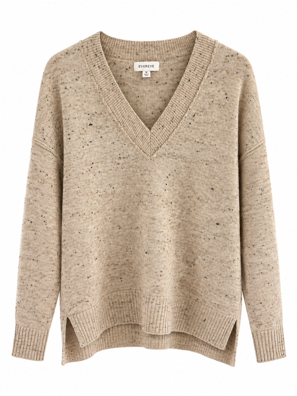 Evereve Speckled Beige V-Neck Sweater, Size Medium
